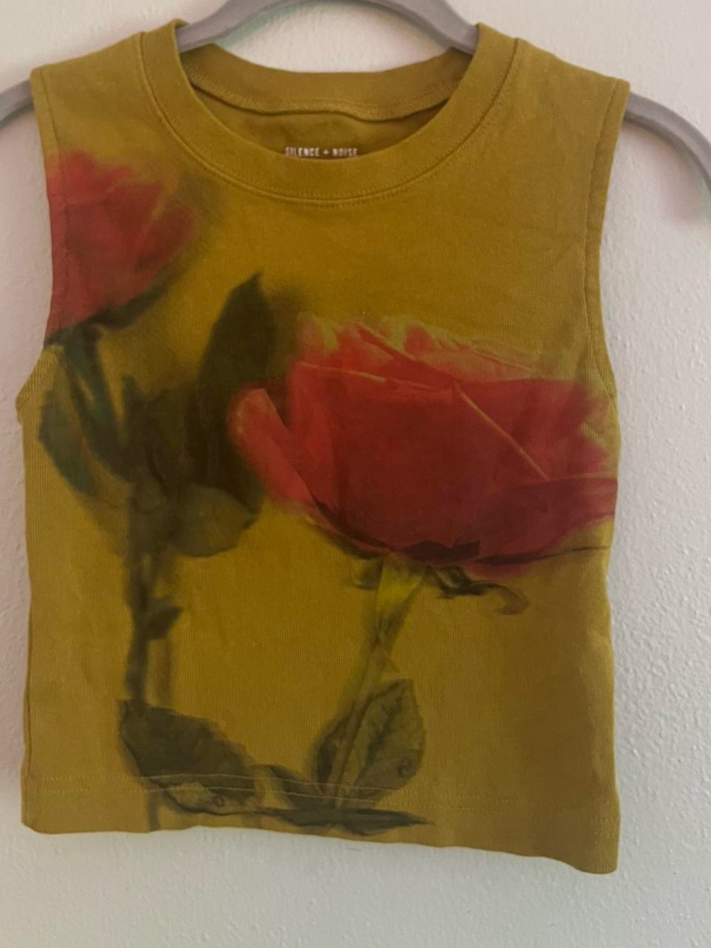 Silence + Noise Mustard Yellow Sleeveless Tank with Red Rose Print